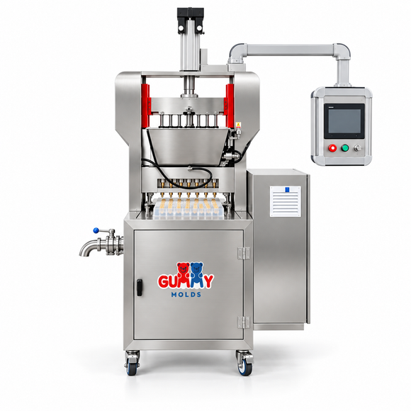 Front view of a dual-hopper commercial gummy depositor for two-color and center-filled gummies