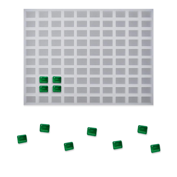 1.5mL Rectangle Gummy Mold - 100 Cavities with emerald green gummies, alternate flipped view