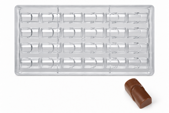 12g 2-piece mini polycarbonate chocolate bar mold with 24 cavities in four rows of six and a matching two-section chocolate bar with a narrow swept divider.