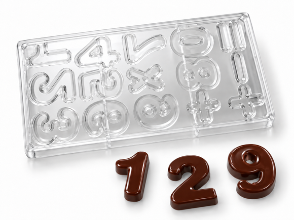 12g number and math symbol polycarbonate chocolate mold with 15 cavities and finished chocolate numbers