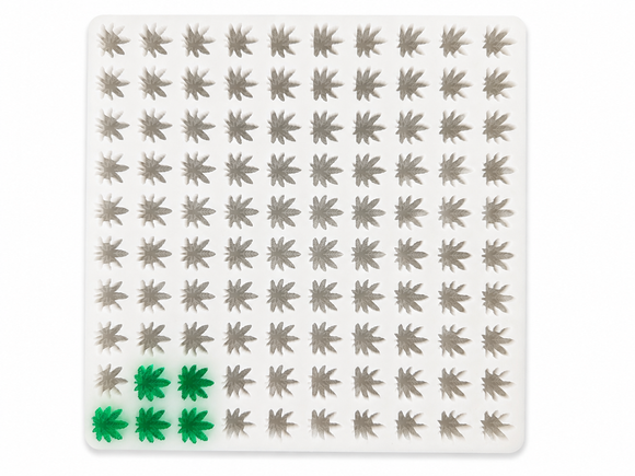 2.73mL cannabis leaf silicone gummy mold with 100 cavities and emerald green gummies