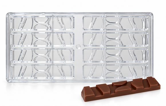 24g geometric finger polycarbonate chocolate mold with eight cavities in four rows of two and a matching chocolate bar with raised geometric relief.
