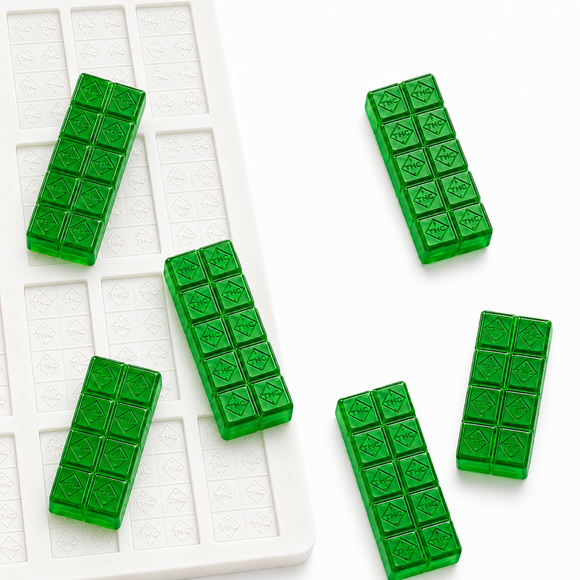 25mL THC Bar Gummy Mold - 66 Cavities with emerald green THC gummies