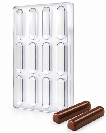 28g polycarbonate chocolate finger mold with 12 rounded cavities in three rows of four and two matching chocolate fingers.