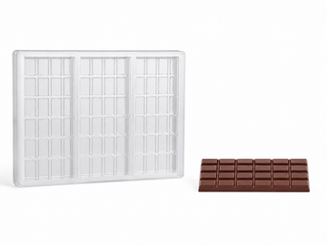 29g 24-piece polycarbonate chocolate bar mold with 3 bar cavities and finished segmented chocolate bar