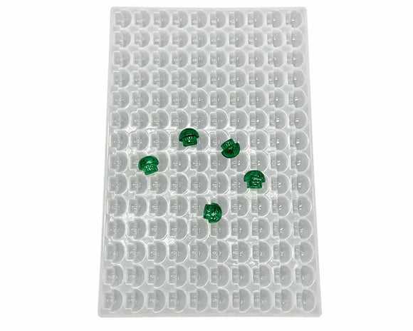 Full top view of 3.5mL mushroom gummy mold with 140 cavities and green gummies