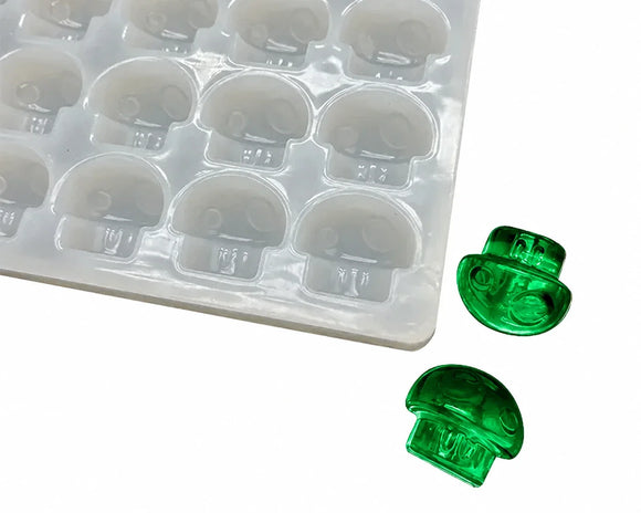 Side view of 3.5mL mushroom gummy mold with emerald green gummies
