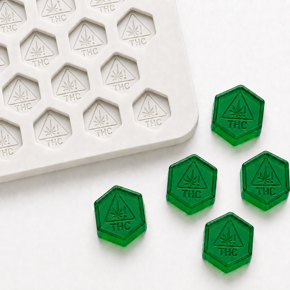 6.4mL THC hexagon gummy mold with 100 cavities and emerald green THC gummies