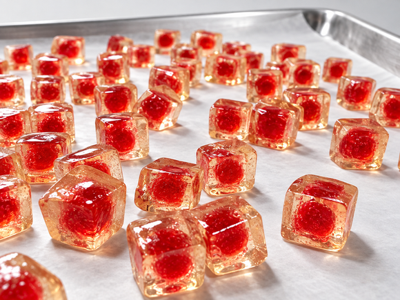 Close-up of red center-filled gummies for dual-hopper commercial gummy depositing